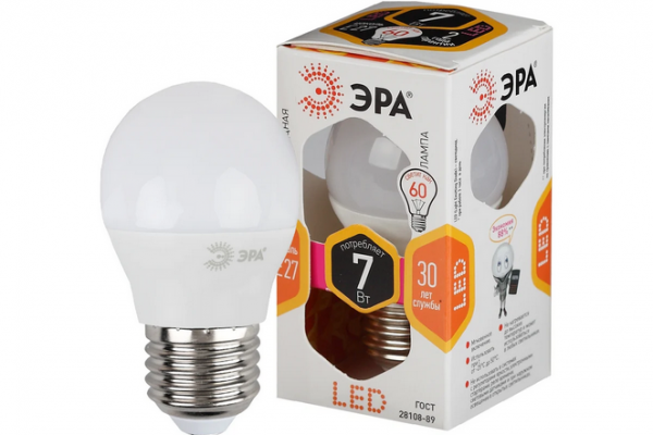 Лампа ЭРА LED P45-7W-827-E27 (диод, шар, 7Вт, тепл, E27)