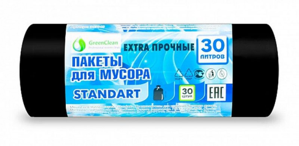 Мешки д/мусора 30л ПНД 30шт GreenClean черные 6мкм